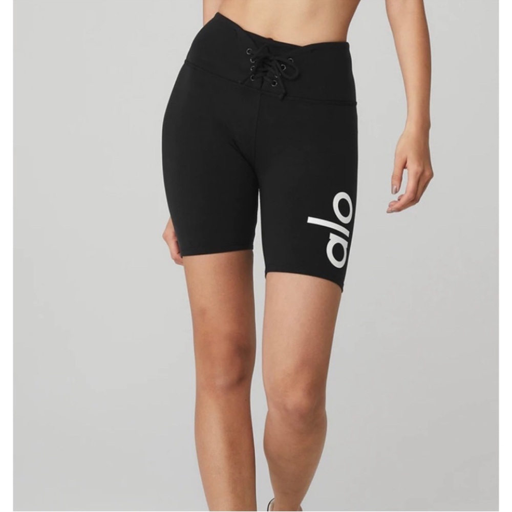 ALO Yoga Lace-Up High-Waist Bike Shorts in Black